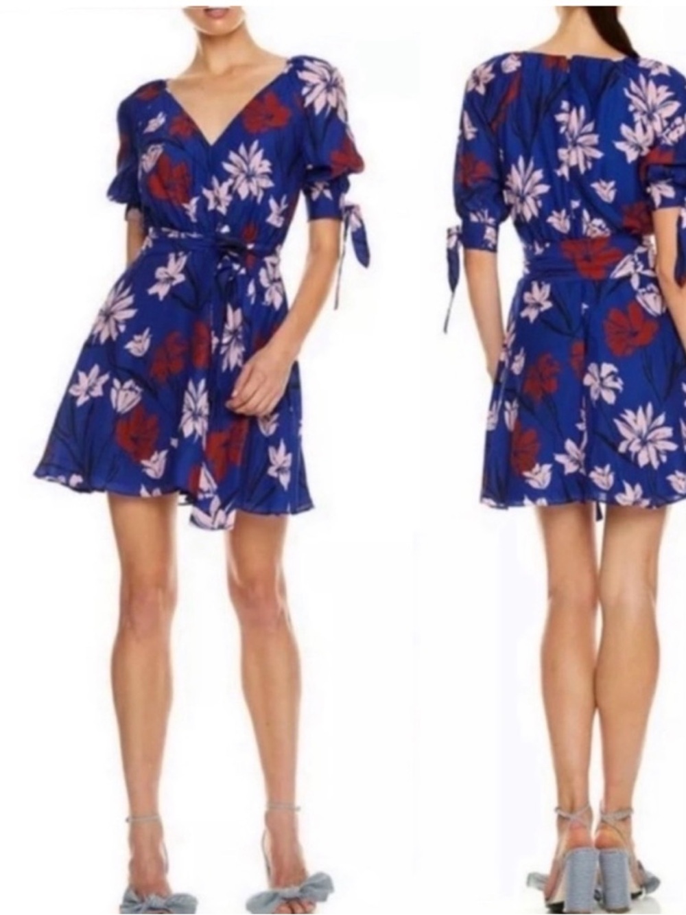 Blue Floral V-Neck Tie-Waist Mini Dress